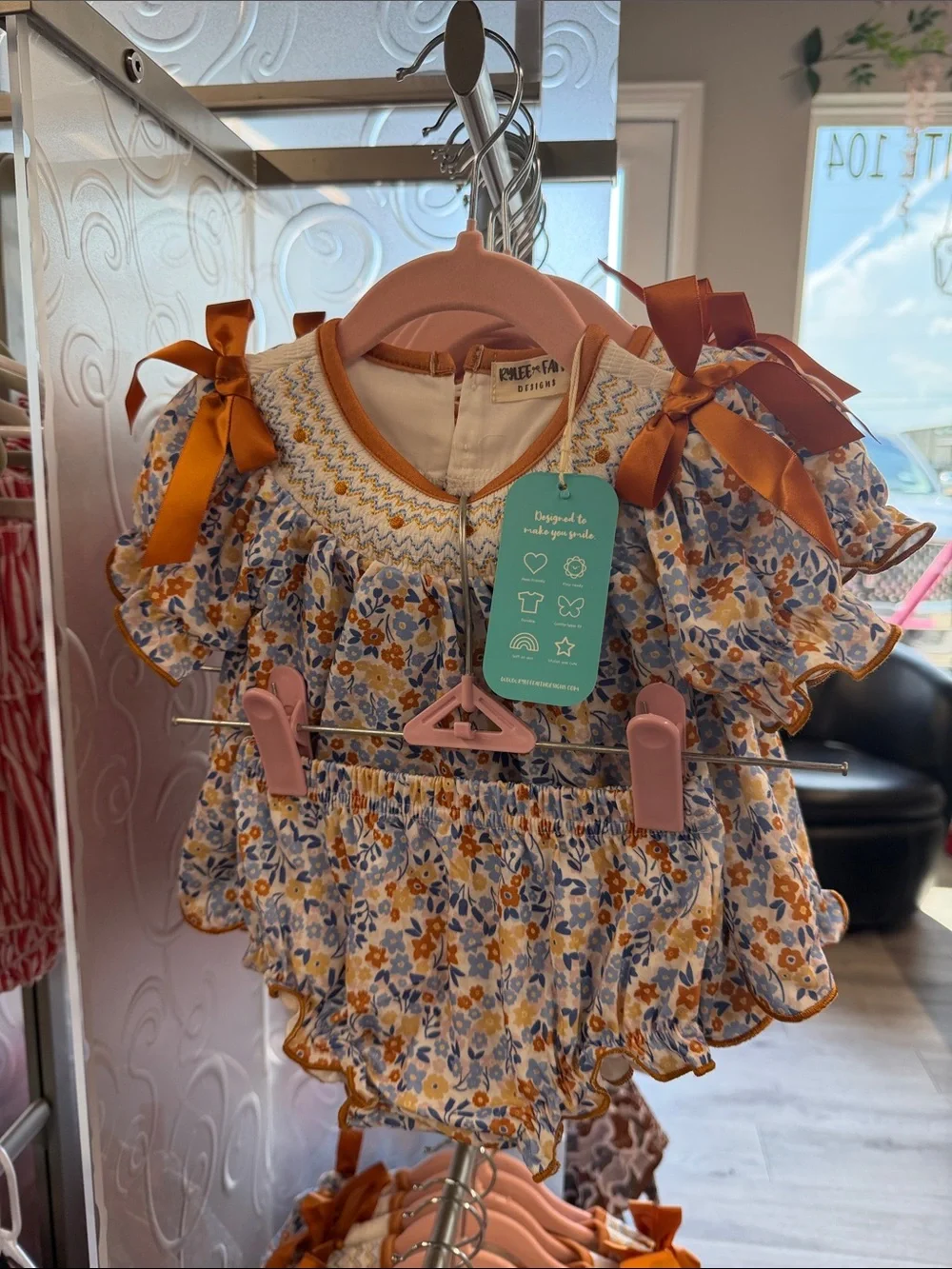 Girls Floral Smocked Matching Set in Blue and Orange